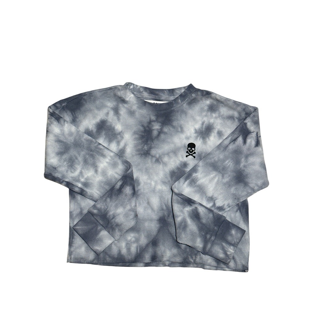 SoulCycle Skull Cropped Thermal Waffle Knit Blue Tie-Dye Women's Pullover SizeXS